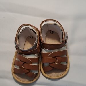 Brown and White Leather Sandals with Interwoven Straps